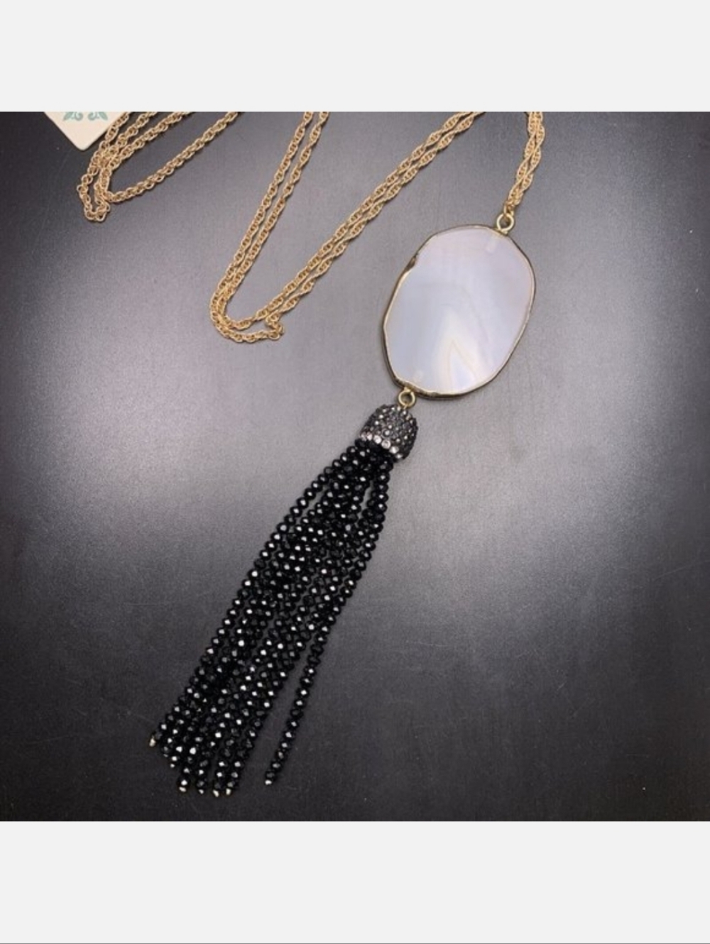 Jane Marie Boho Long Agate Stone & Black Glass Bead Tassel Necklace